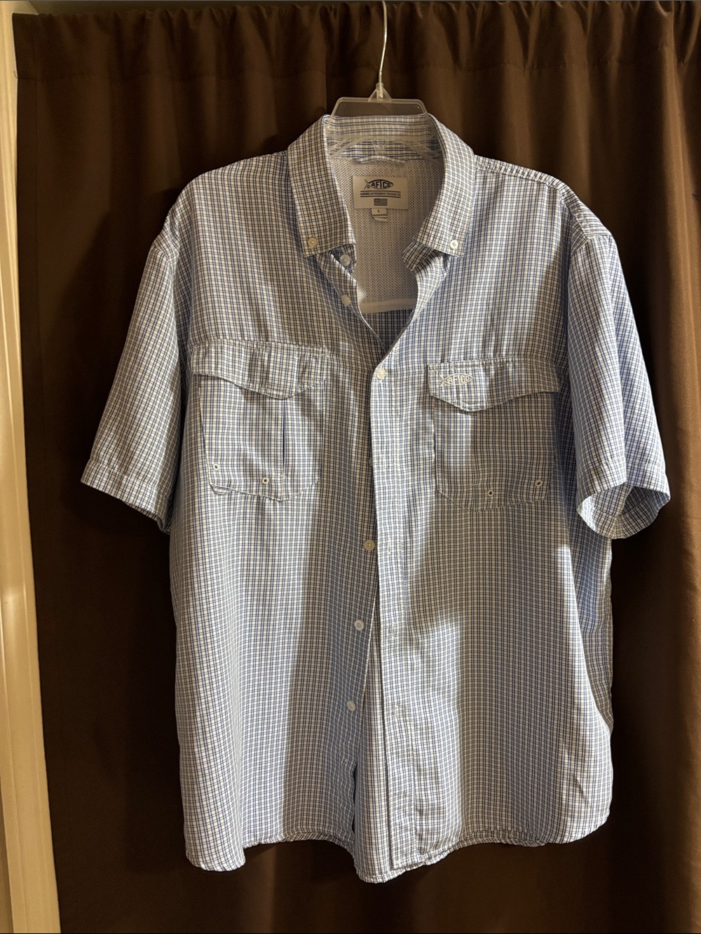 AFTCO Light Blue and White Check Short-Sleeve Button-Down Shirt